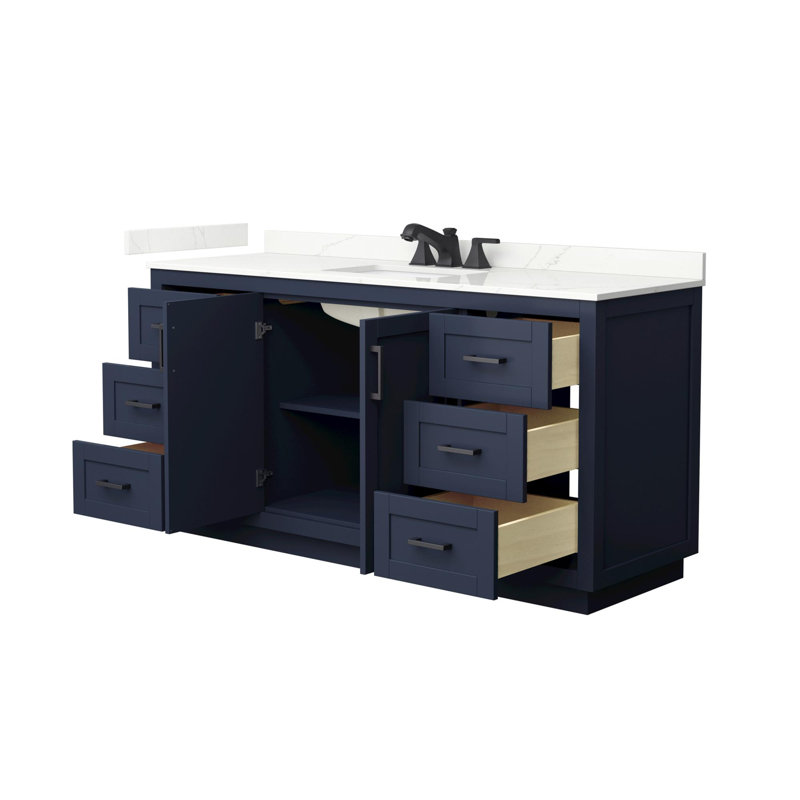Meuble-lavabo simple autoportant de 66 po avec plateau en quartz Miranda, Quartz Giotto, Bleu foncé, Noir mat