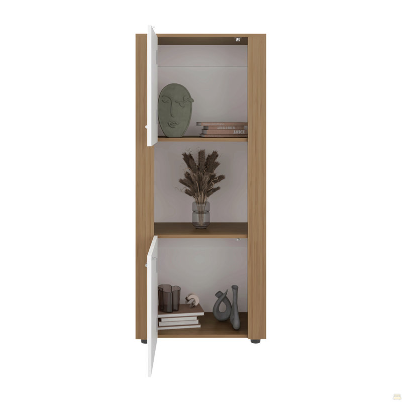 Bibliothèque Hyder avec portes supérieure et inférieure, tablette centrale ouverte et conception verticale, chêne naturel / blanc