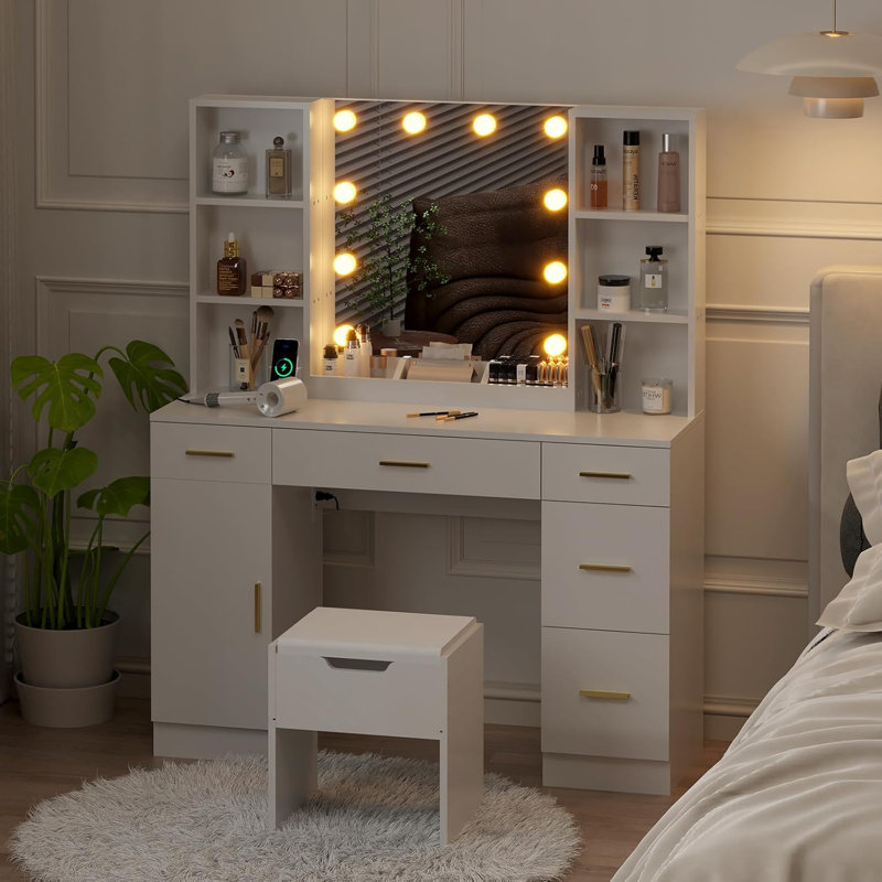 Vanity Desk With Led Lighted Mirror,Makeup Vanity With 10 Led Lights & 5 Metal Sliding Drawers, 3 Color Brightness Adjustable, Vanity Table With 6 Open Shelves, Dressing Table