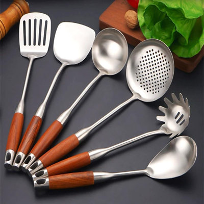 6-Piece Stainless Steel Kitchen Utensil Set With Wooden Handle, Ergonomic Design For Comfortable Cooking, Includes Soup Ladle And Turner Skimmer