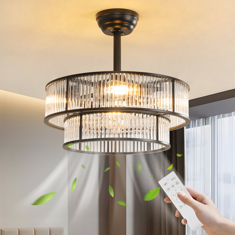 20'' Crystal Caged Mid Century Chandelier Ceiling Fan with Light Kit and Remote Control Included, Matte Black