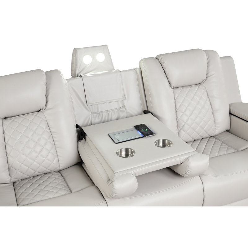 BENZ LED & Power Recliner 3 PC Made With Faux Leather In Ice (CA INVENTORY), Beige Leather