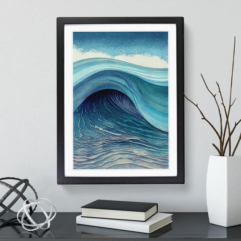 XV1022-3074X Ocean Wave Watercolour - Single Picture Frame Print, Black, 46cm H x 34cm W