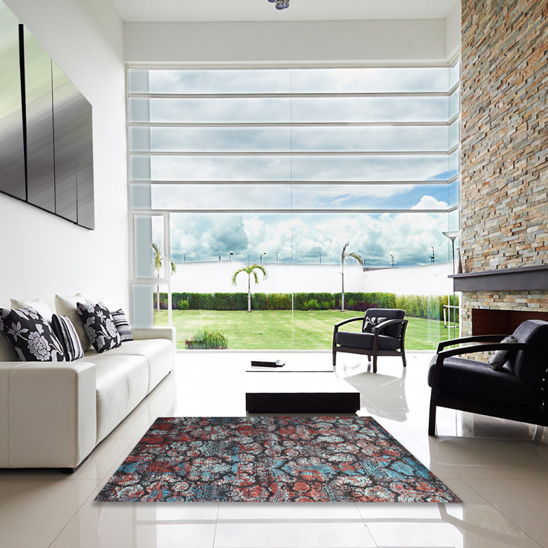 Tapis de zone bleu foncé contemporain, Carré 8 pi