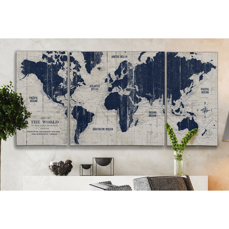 " Old World Map " 3 - Pieces, 24" H x 48" W x 1.5" D