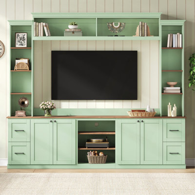 Meuble audio-vidéo 4 en 1 avec bibliothèque pour téléviseur de 70 po ou moins, grand meuble télé de campagne avec tablettes réglables, console multimédia élégante avec tiroirs pour le salon