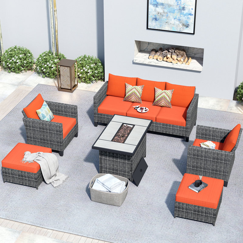 Ensemble de conversation en rotin avec coussins Jyron, Orange, Gris, Yes