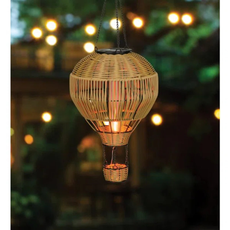 Wicker Hanging Solar Hot Air Balloon Lantern with Glass Panels and Metal Frame, 8" H x 8" W x 21.75" D