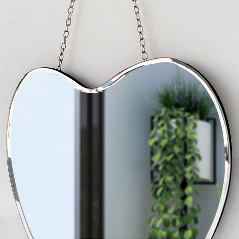 Heart Shaped Mirror With Iron Chain For Wall Decor 12X12 Inch - Wall Hang Real Glass Frameless Decorative Glam Mirror