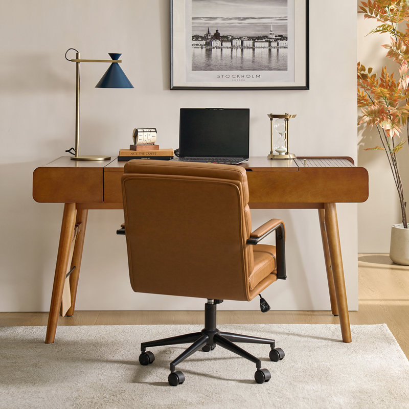 Virma 60.25" W Mid-Century Lift-Top Writing Desk with Built-In Outlets , Acorn