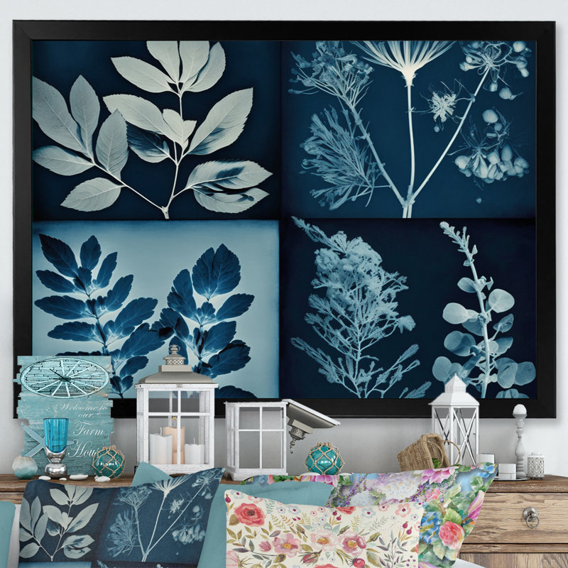 Fleurs sauvages rétro dans les tons de bleu - reproduction sur toile, H 24 po x l 32 po x P 1 po, Cadre photo noir