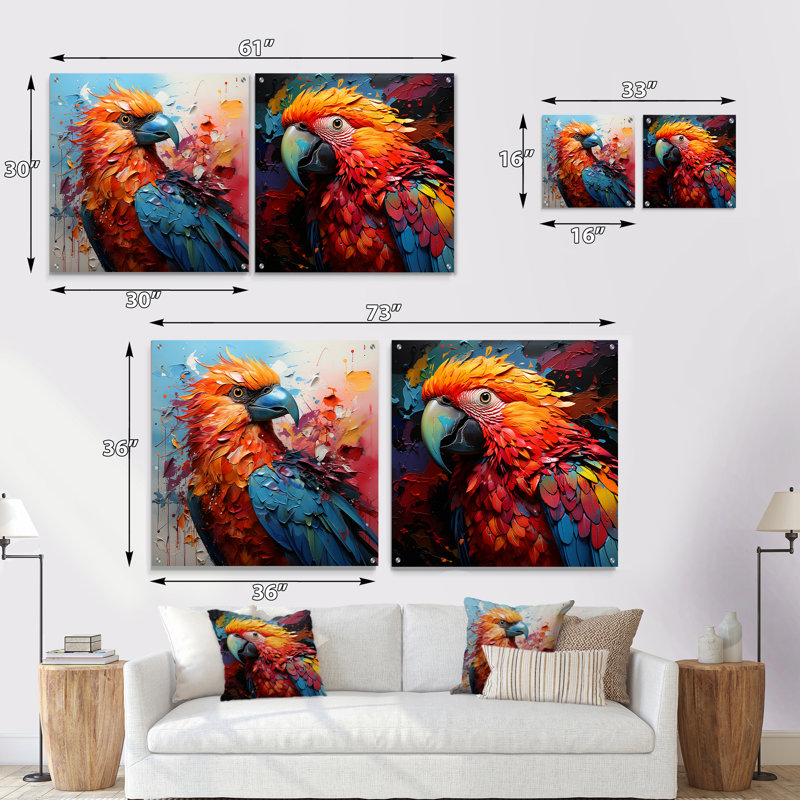 «Parrots Colorful Encounters» - ensemble de 2 peintures murales en acrylique, H 36 po x l 73 po