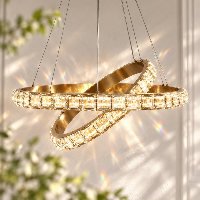 2-Light 25.6" W LED Glam Gold Dimmable Ring Crystal Chandelier 
