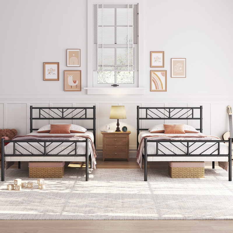 Minimalist Metal Slatted Bed Platform with Arrow Design Headboard, Single (3'), Black