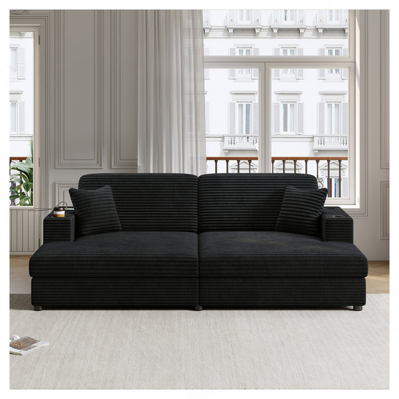 Canapé-lit surdimensionné en velours côtelé polyvalent avec ports USB et porte-gobelets pour la maison, Noir