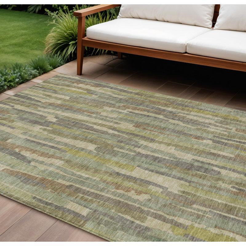 8' X 10' Artichoke Green And Ivory Striped Washable Indoor Outdoor Area Rug, Rectangle 8' X 10'