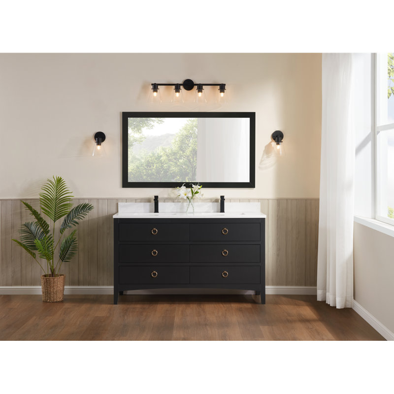 60" Solid Wood Sink Vanity With 1" Artificial Stone Top, Tricorn Black, Rose Gold