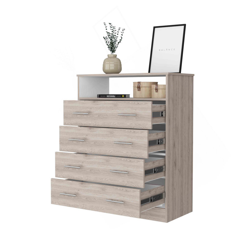 Commode à quatre tiroirs Lagos, une tablette, dessus, gris clair et blanc, Multi-couleur