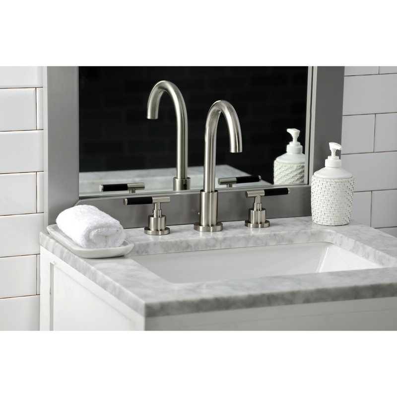 Kingston Brass Kaiser Two-Handle 3-Hole Deck Mount Widespread Bathroom Faucet with Brass Pop-Up Drain, Brushed Nickel
