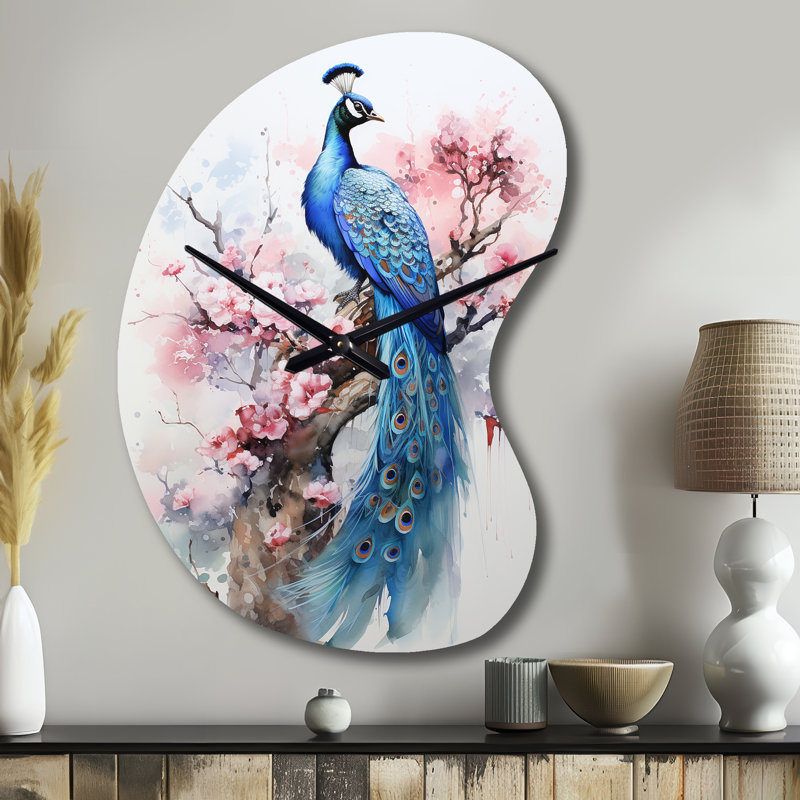 Horloge murale 3D bleu et rose avec paon I, Petit