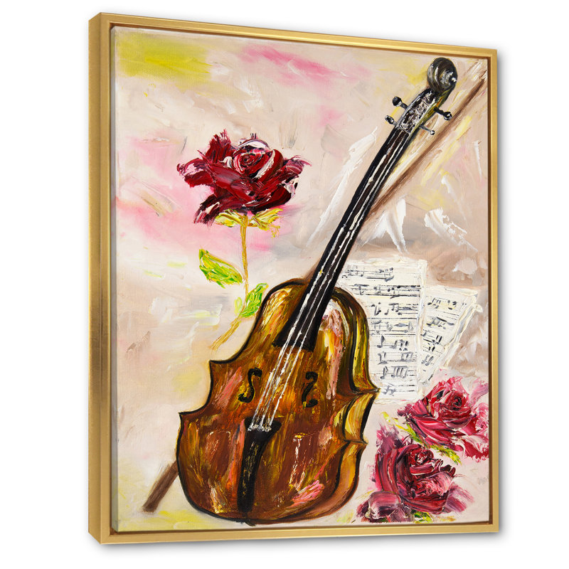 Violon et roses - sur, H 36 po x l 24 po x P 1 po, Toile avec cadre flottant or