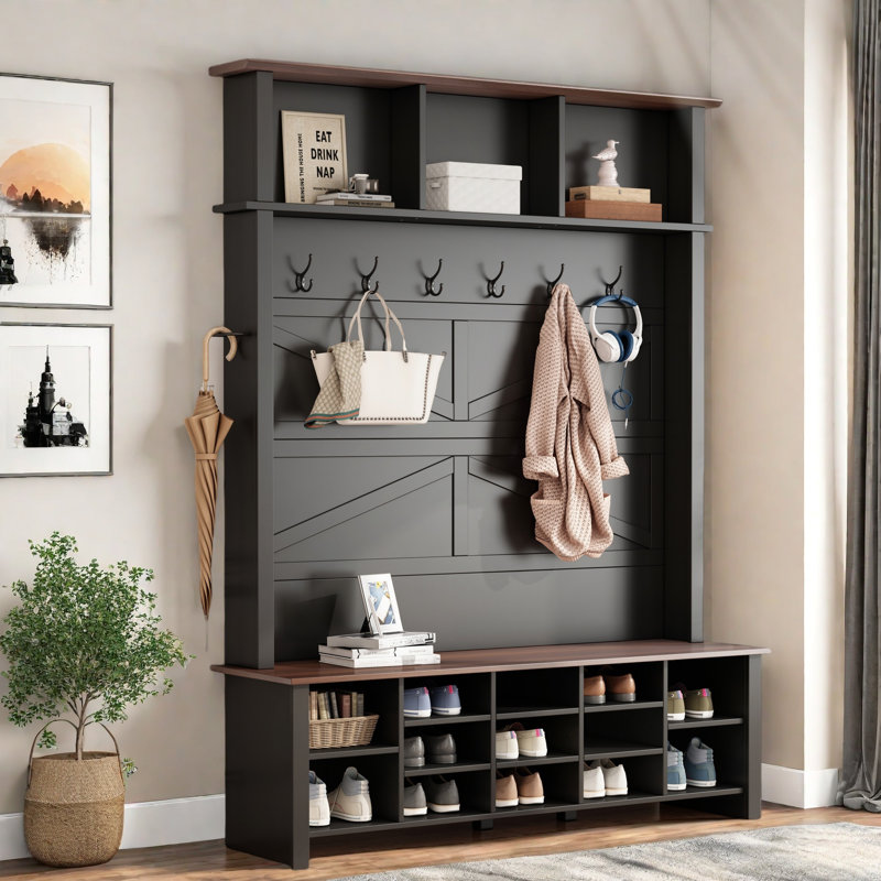 Hall Tree 56.3'' Wide with Bench and Shoe Storage, Black
