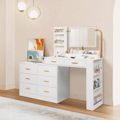 Rotating Vanity Desk With Large LED Mirror And Chargong Station,Makeup Table Set With 8 Drawers And 3 Side Shelf For Bedroom Women Girls by Latitude Run