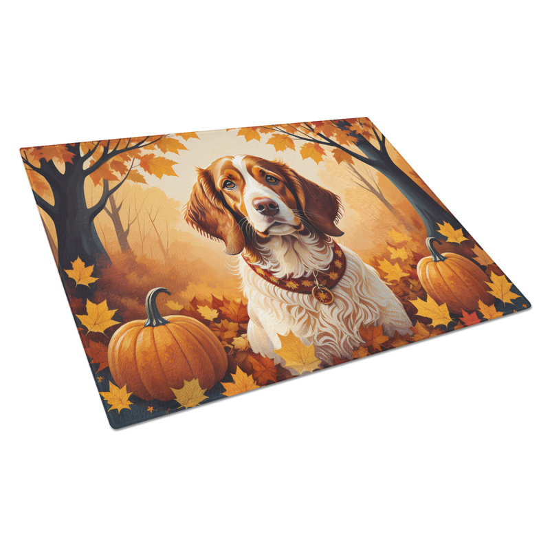 Brittany Spaniel Fall Glass Cutting Board Large