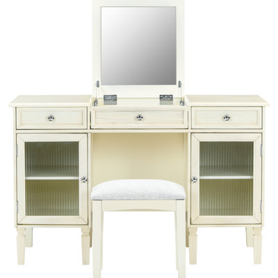 2 - In 1 Dressing Table With Hidden Fold Down Mirror, Two Side Drawers, And Cabinets For Home Office Bedroom White Oak Vanity Desk Flip Top Ample Storage, Stylish Design Bedroom, Room,