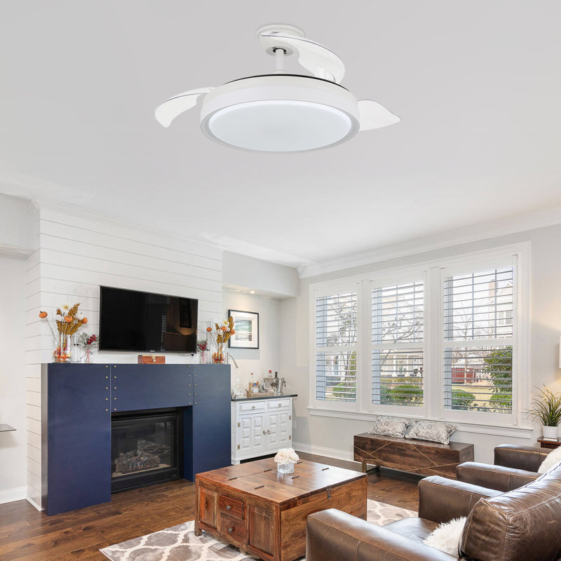 Ventilateur de plafond rétractable moderne 42 po avec lumière et télécommande Aranjit, Blanc