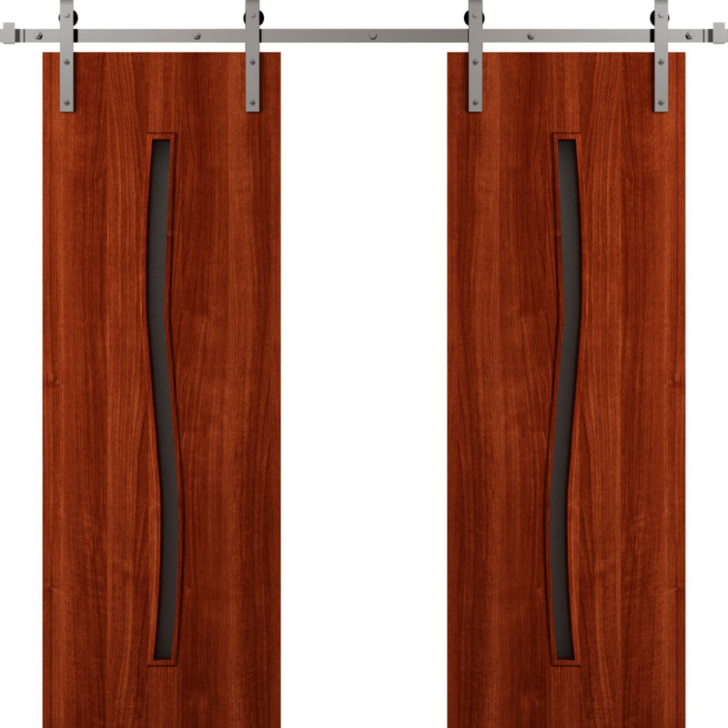 Porte de grange double moderne - ESSENTIEL 8002 - Ensemble de rail 14 pi - Portes intérieures à panneau plein, Noyer Franko