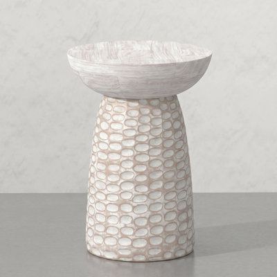 13-Inch Solid Mango Wood Accent Table - Hand-Carved Pedestal Side Table with White Wash Finish, Fully Assembled