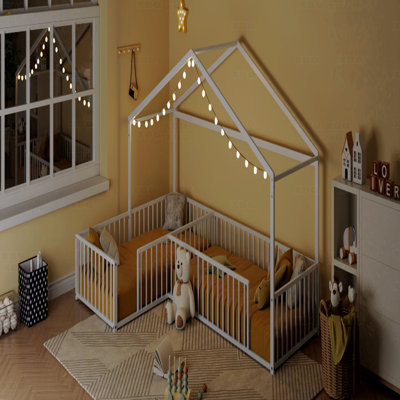 Bed Frame Twin Size Double L-Shaped Montessori Bed, Metal Corner House With Fence, House-Style Floor Bed For 2 Kids, Without Slats