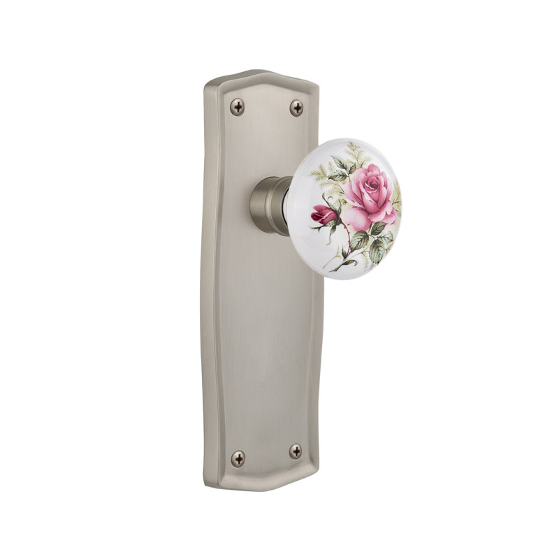 Plaque Prairie avec poignée de porte en porcelaine blanche, Nickel satiné