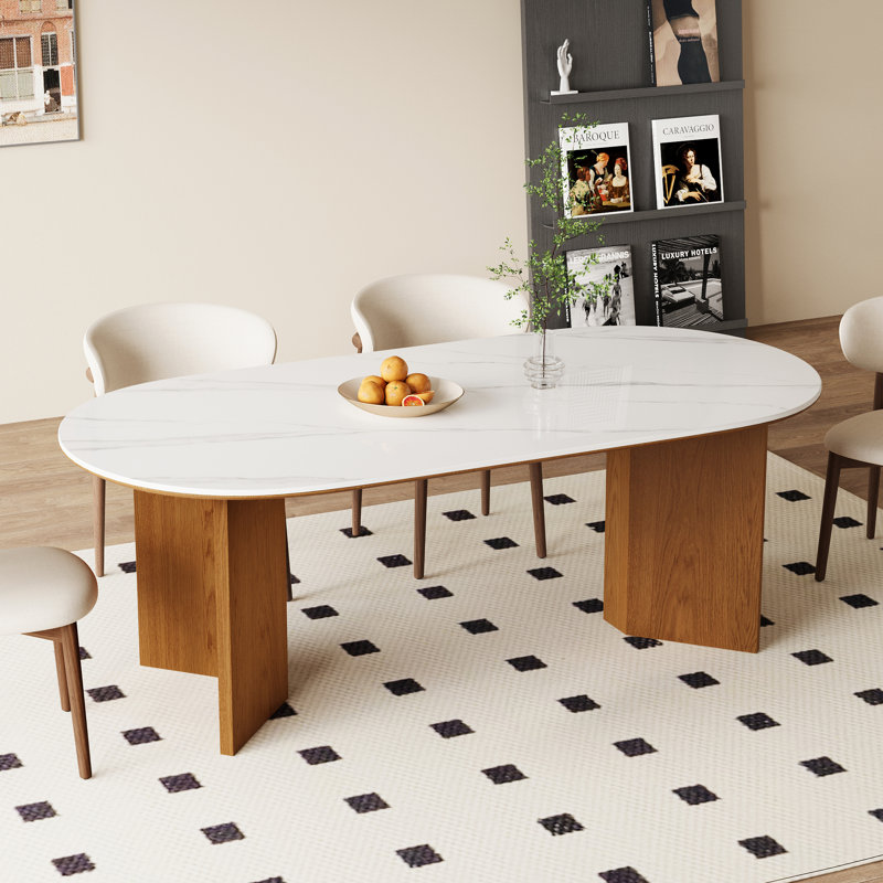 Table de salle à manger moderne 71 ", pieds en bois massif, plateau de table en pierre, White