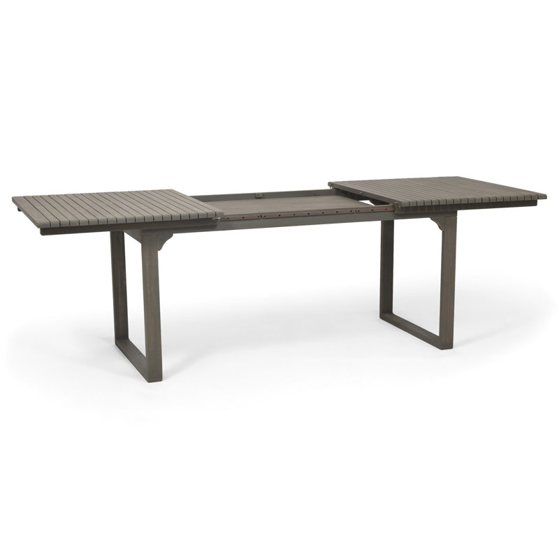 Table de salle à manger extensible pour l'extérieur en bois gris avec cadre en U et conception à lattes pour une extension facile, assemblage requis