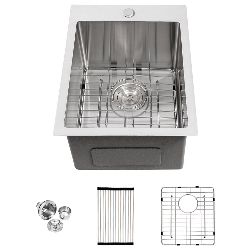 Évier de cuisine à simple cuve de calibre 16 T304 de 15 po x 20 po, évacuation d'eau en douceur, surface de travail, revêtement et patin, jauge de guide d'installation, T304, cuve, évier, fonction de vidange facile, rouille