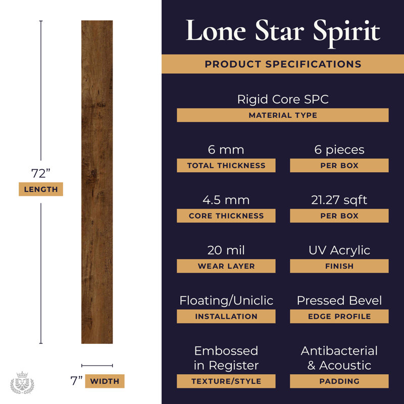 Lions Floor Lone Star Spirit SPC Collection - Chocolat 7” x 72” Waterproof Luxury Vinyl Plank Flooring | Uniclic® Locking System, FloorScore Certified | 1 Box = 21.27 Sq. Ft. | Most Rooms Need 35+ Boxes