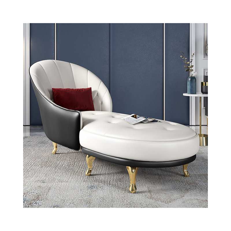 Chaise longue de style luxueux et lumineux en bois massif, métal et cuir pour chambre et salon, Face à la droite