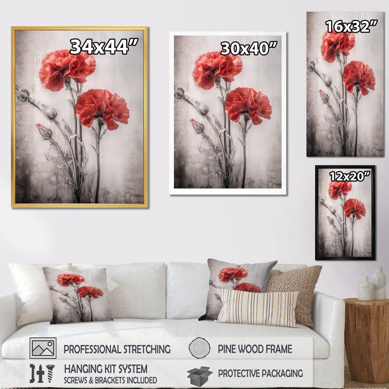 Reproduction d'art sur toile «Red Carnation On», Cadre flottant naturel, H 20 po x l 12 po x P 1 po
