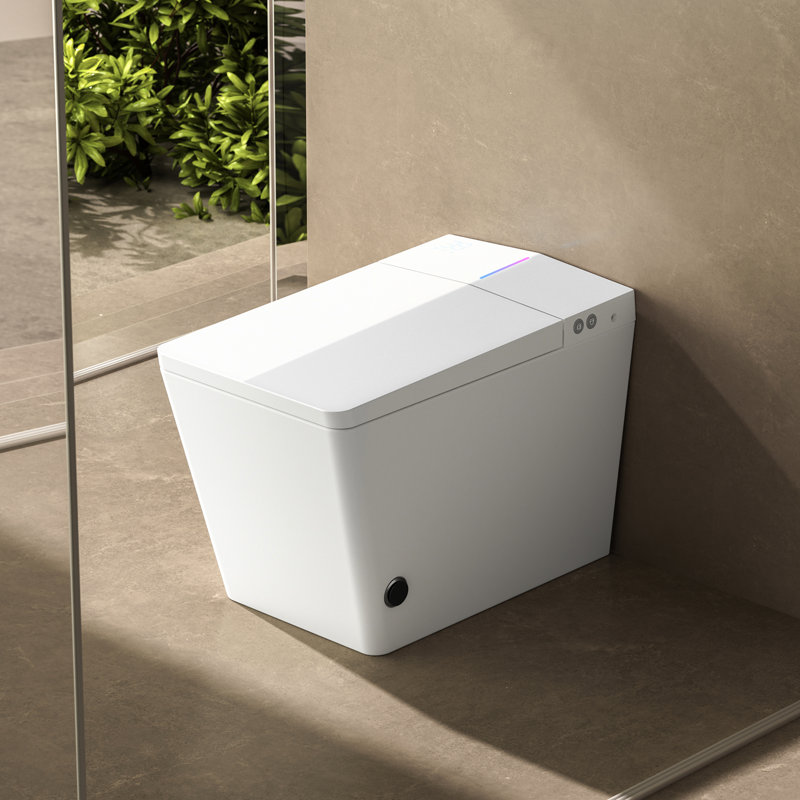 Toilette carrée à réservoir intégré pour salle de bain - télécommande, mécanisme de chasse automatique, siège chauffant, panneau à DEL, réglages personnalisés par l'utilisateur, blanc avec salle de bain fixe contrôlée, chasse d'eau, siège,