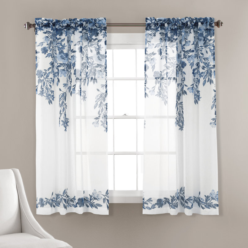 Navy Floral Sheer Polyester Window Curtain Panels