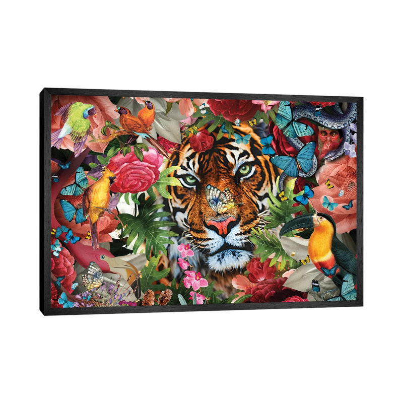 Tropical Flowers And Tiger by Claudia McKinney - Gallery-Wrapped Canvas Giclée on Canvas, Black Framed