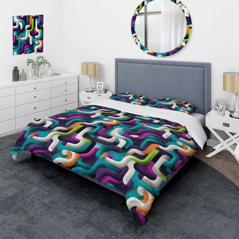Literie verte et mauve Groovy Grid Adventure I Bedding, Housse de couette pour grand lit et 2 taies décor