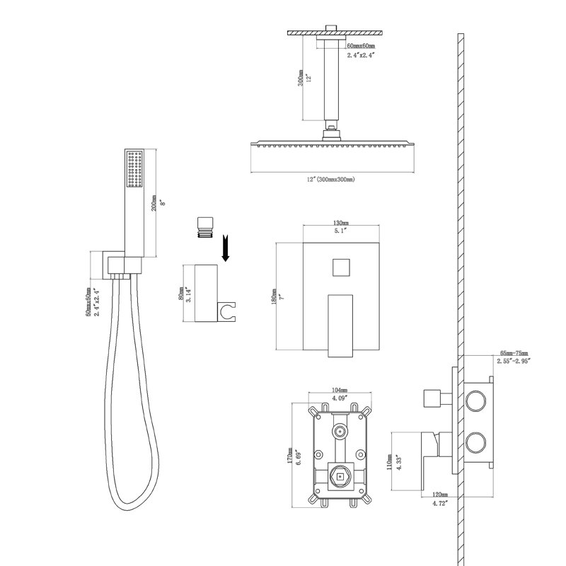 Système de douche au plafond 12 po Système de douche double avec valve brute, Nickel brossé