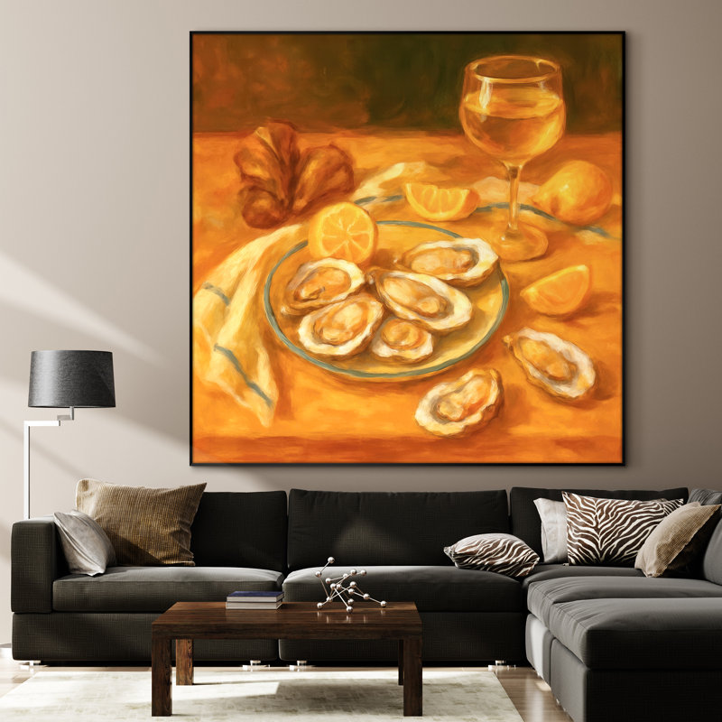 Reproduction d'art extra large avec huître et nature morte de vin, H 36 po x l 36 po