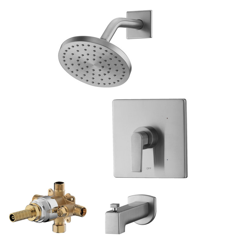 Système de garniture de douche de la collection Dean: pomme de douche ronde de 6 po, ensemble de poignées simples, bec de baignoire et soupape brute inclus - nickel brossé