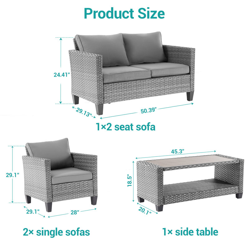 4 Piece Patio Conversation Set, Loveseat Sofa with Coffee Table, Gray, Gray