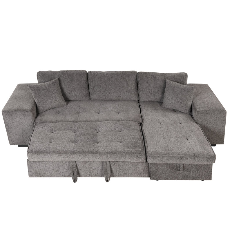 58.5" W Modern L-Shape Reversible Sectional Sleeper Sofa with Storage Chaise and 2 Stools Linen Upholstered