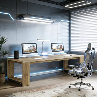 Bureau pouvant accueillir deux personnes, 86,6 po de longueur, 27,56 po de largeur, robustes, pieds stables, poste de travail double à installation rapide pour un travail collaboratif, dossiers de bureau spacieux, bois naturel réglable